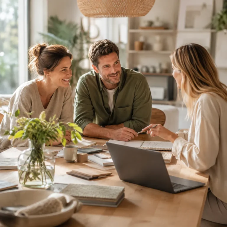 Drie mensen bespreken woonideeën en samenwerking aan een houten tafel met laptop, notitieboek, bloemen en natuurlijke interieurmaterialen