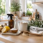 Duurzaam schoonmaken natuurlijke alternatieven voor in huis. Natuurlijke schoonmaakmiddelen zoals azijn, baking soda en citroen op een modern keukenblad