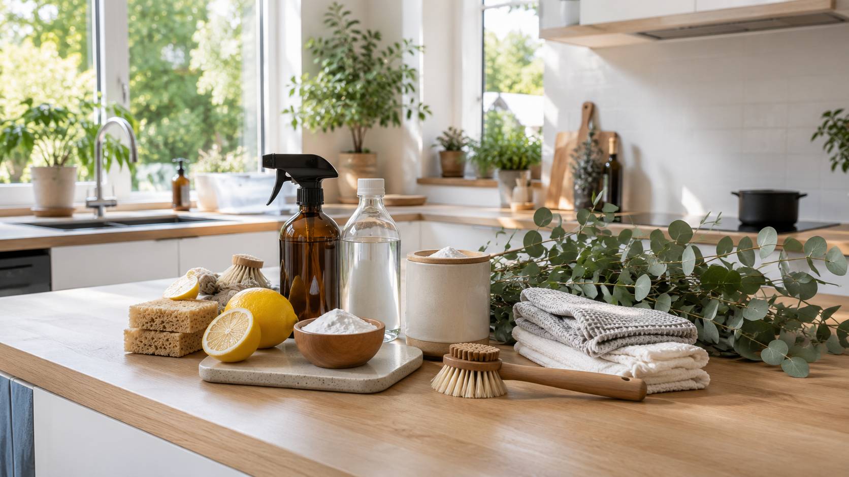 Duurzaam schoonmaken natuurlijke alternatieven voor in huis. Natuurlijke schoonmaakmiddelen zoals azijn, baking soda en citroen op een modern keukenblad