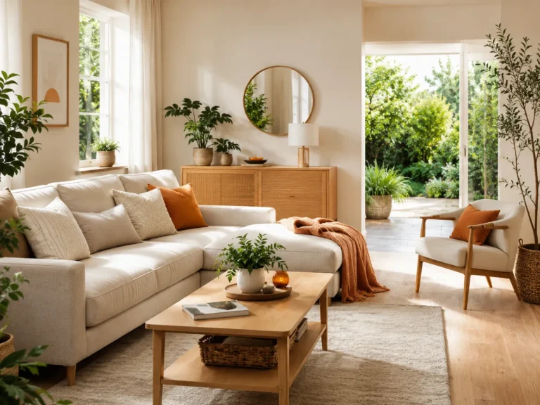 Lichte moderne woonkamer met natuurlijke materialen, planten, warme oranje accenten en uitzicht op een groene tuin