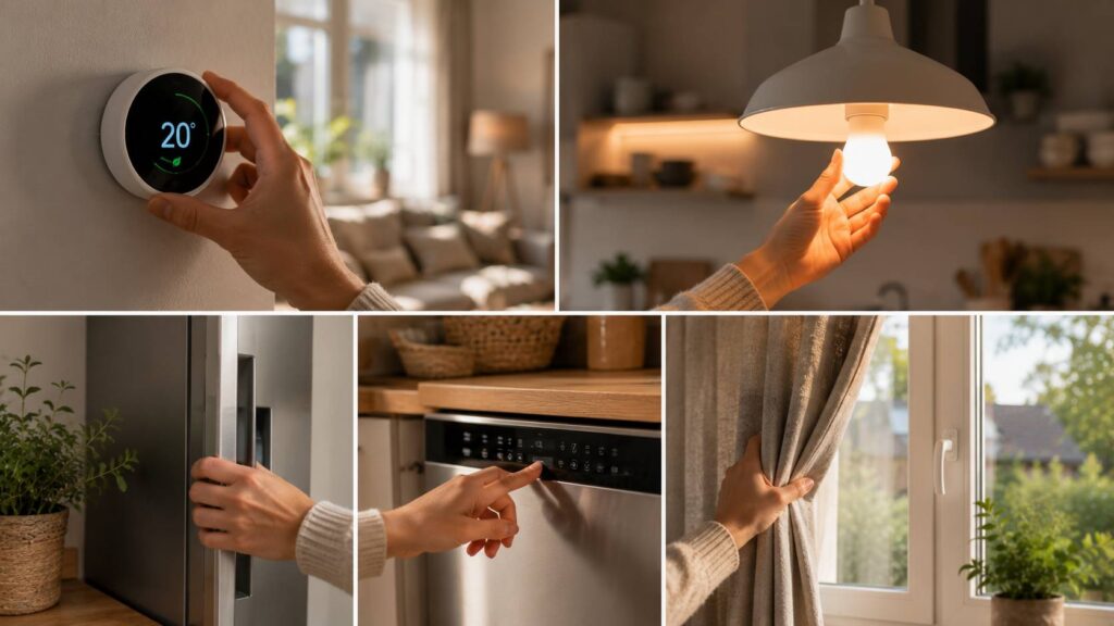 Hand die een slimme thermostaat instelt naast LED-verlichting en energiezuinige apparaten