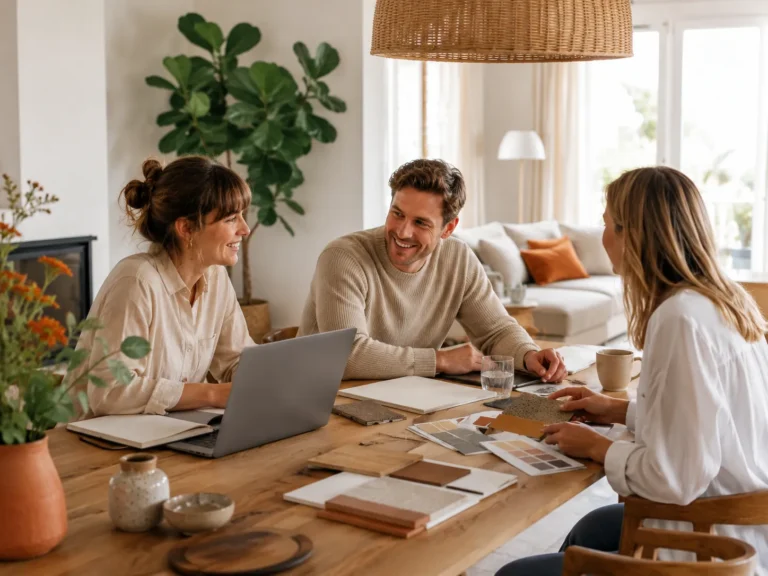 Drie mensen bespreken woonideeën en interieurmaterialen aan een houten tafel in een warme lichte woonruimte