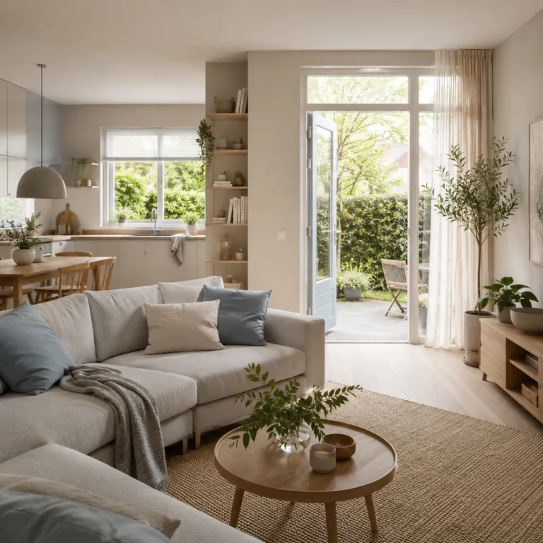Lichte woonkamer met open deur naar groene tuin, natuurlijke materialen, zachte kleuren en praktische woonideeën voor een persoonlijk thuis