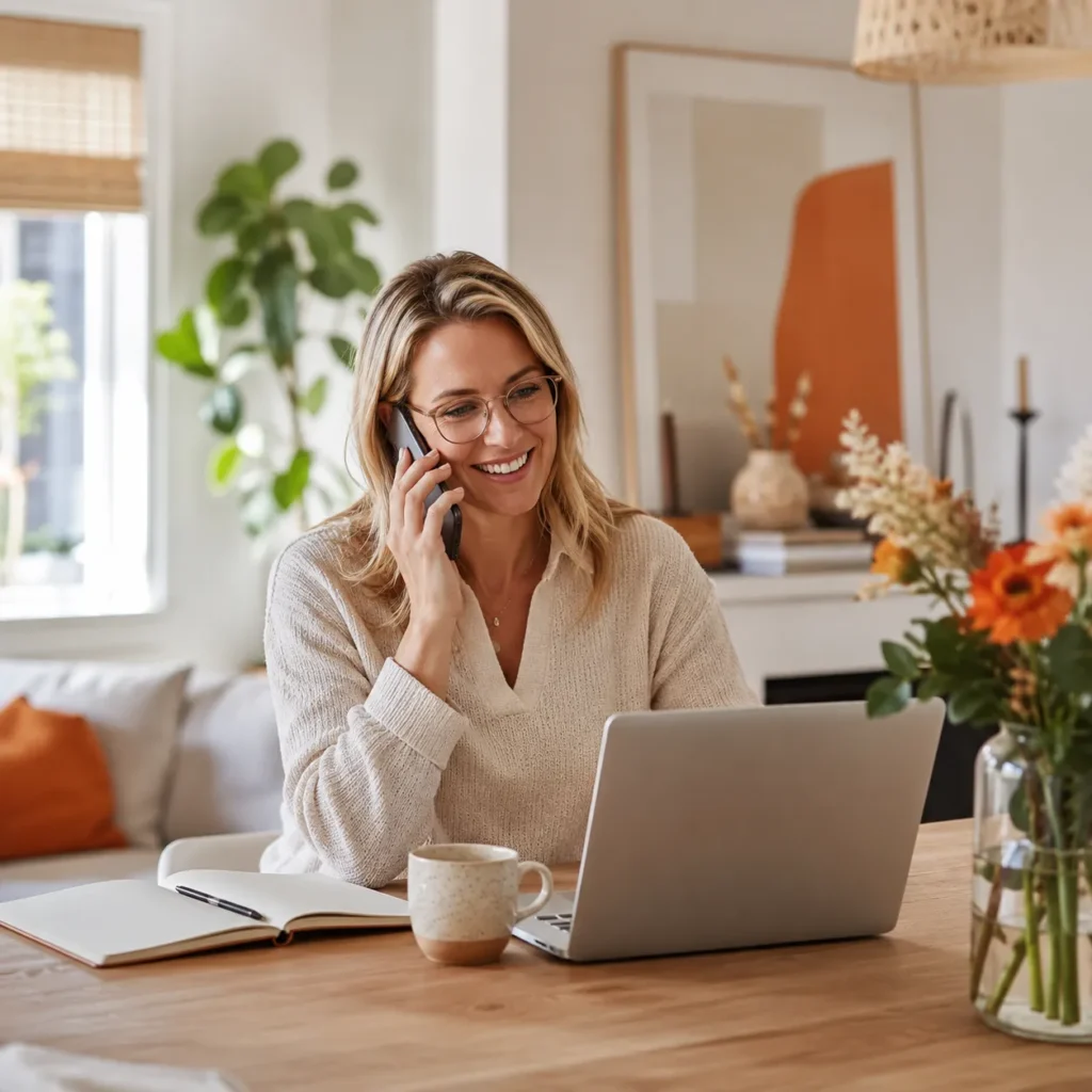 Vrouw neemt telefonisch contact op vanuit een lichte woonruimte met laptop, notitieboek, bloemen en warme interieurdetails