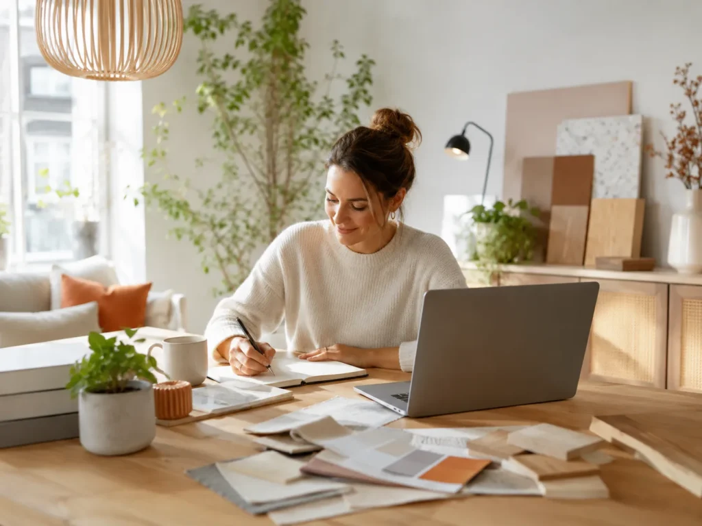 Vrouw schrijft een voorstel aan een houten bureau met laptop, planten, materiaalstalen en warme wooninspiratie